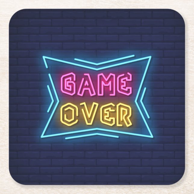 Cool Simulated Neon GAME OVER sign Square Paper Coaster (Front)