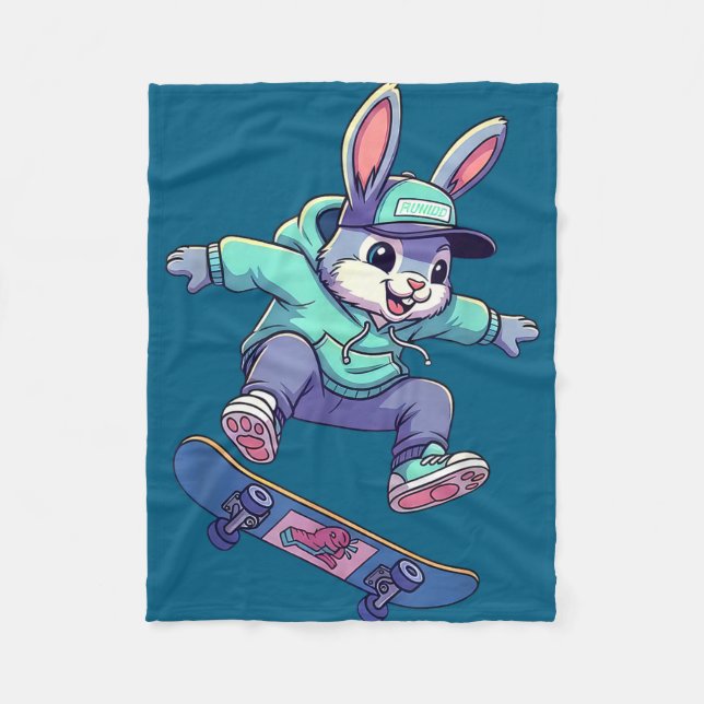 Cool skateboard bunny funny rabbit skating easter fleece blanket (Front)
