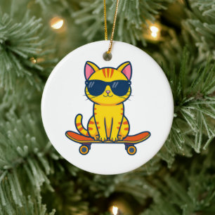 Cool Skateboarding Cat Wearing Sunglasses Cartoon Ceramic Tree Decoration