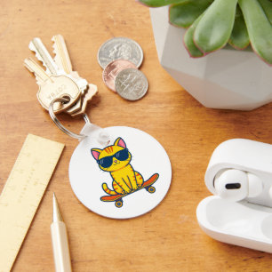 Cool Skateboarding Cat Wearing Sunglasses Cartoon Key Ring