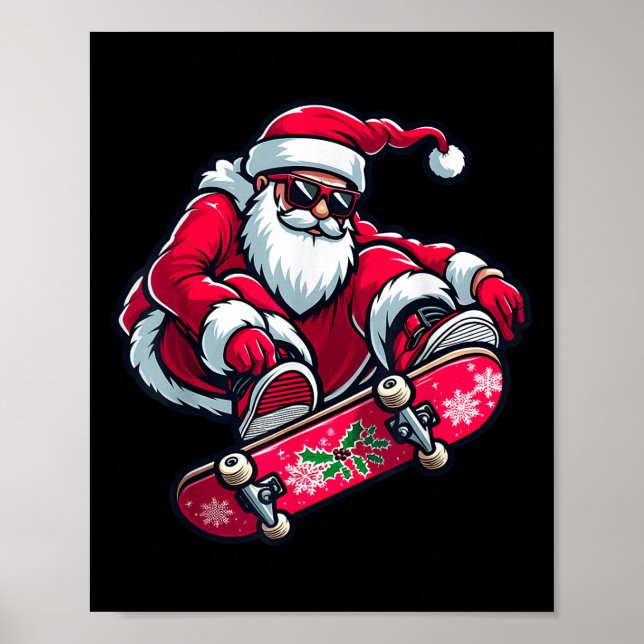Cool Skateboarding Santa Claus Christmas Pajama Ki Poster (Front)