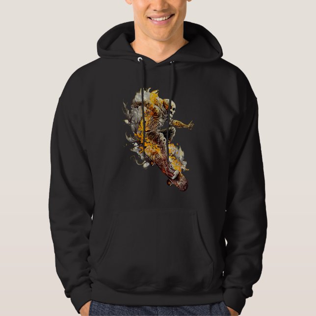 Cool Skateboarding Skeleton with Flames Fun Skateb Hoodie (Front)