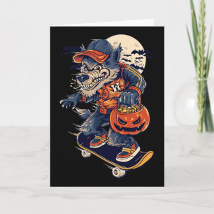 Cool Skateboarding Wolf Carrying A Halloween Pumpk Card
