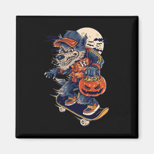 Cool Skateboarding Wolf Carrying A Halloween Pumpk Magnet