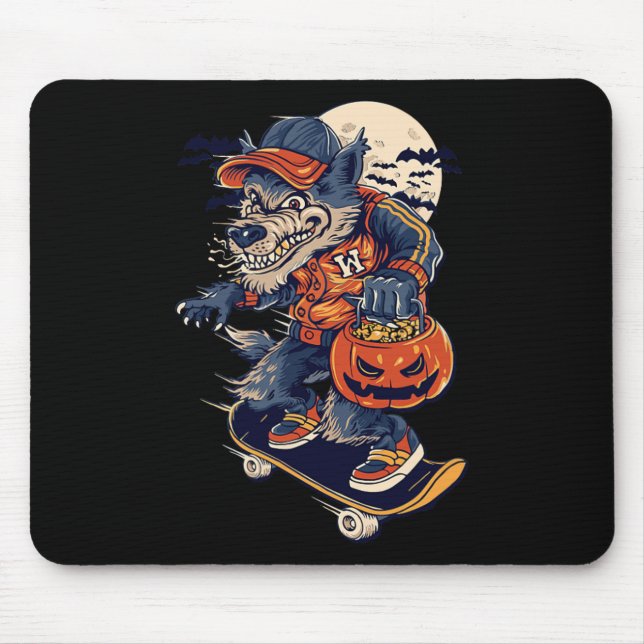 Cool Skateboarding Wolf Carrying A Halloween Pumpk Mouse Mat (Front)