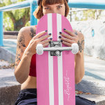 Cool Skater Girl Girly Pink White Racing Stripes Skateboard<br><div class="desc">Create your own custom, personalised, classic girly pink and white racing stripes, cool, stylish, classy elegant typography script, best quality hard-rock maple competition shaped skateboard deck. To customise, simply type in your name / monogram / initials. While you add / design, you'll be able to see a preview of your...</div>