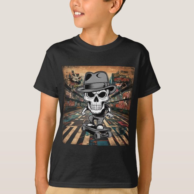 Cool Skater Skeleton Kid's T-Shirt (Front)