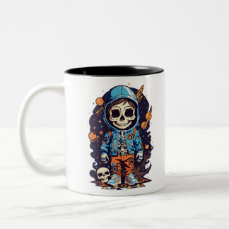 Cool Skeleton Astronaut in Hoodie Space Cartoon Two-Tone Coffee Mug