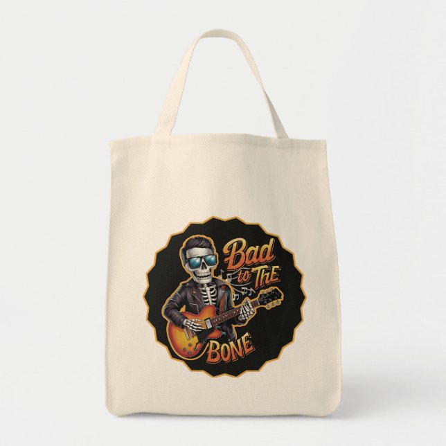 Cool Skeleton Bad to the Bone with Guitar Tote Bag (Front)