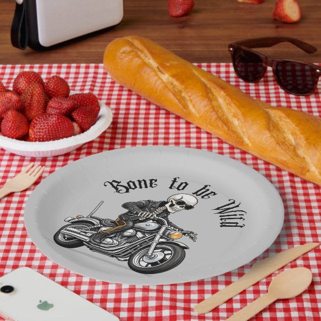 Cool Skeleton Bone to be Wild Riding a Motorcycle  Paper Plate (Picnic)