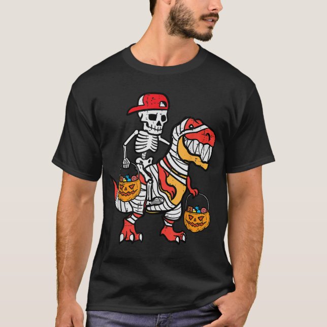 Cool Skeleton Cap Dino Mummy Toddler Boy Halloween T-Shirt (Front)