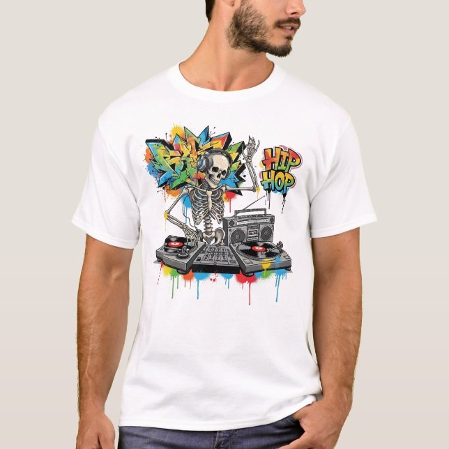 Cool Skeleton DJ Graffiti Style T-Shirt (Front)