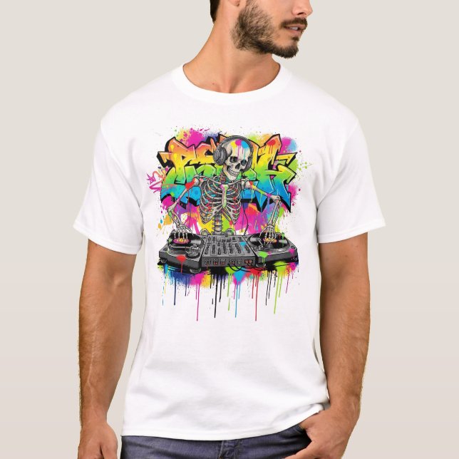 Cool Skeleton DJ Graffiti Style T-Shirt (Front)