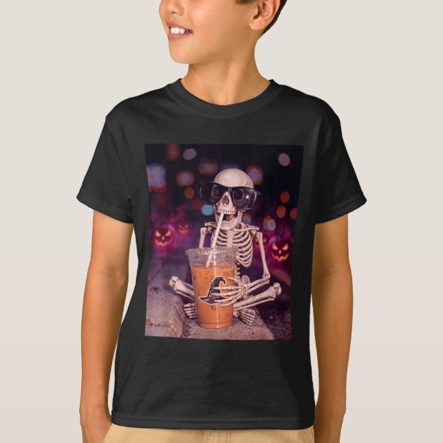 Cool skeleton drinking iced coffee halloween T-Shirt (Front)