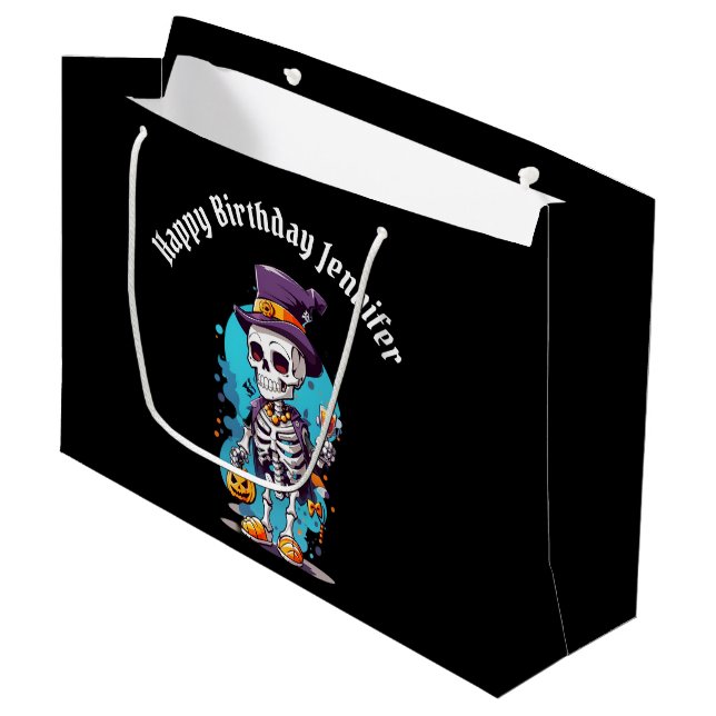 Cool Skeleton in a Top Hat Halloween Birthday Large Gift Bag (Front Angled)