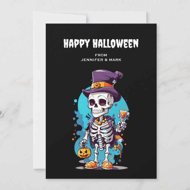 Cool Skeleton in a Top Hat Halloween Holiday Card (Front)
