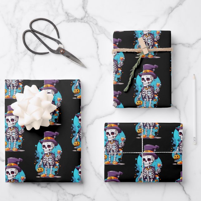 Cool Skeleton in a Top Hat Halloween Pattern Wrapping Paper Sheet (Front)