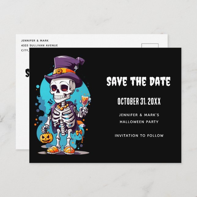 Cool Skeleton in a Top Hat Halloween Save the Date Invitation Postcard (Front/Back)