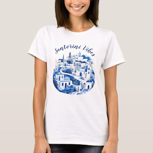 Cool Sketch Blue Santorini Travel Illustration Art T-Shirt (Front)