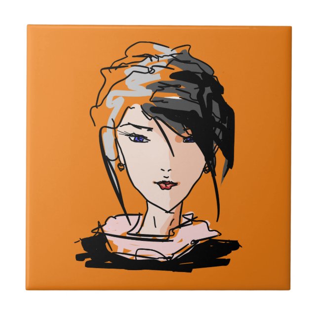 Cool Sketched Woman - Artistic Cartoon Character  Tile (Front)