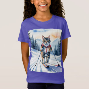 Cool Skiing Skier Cat Kitten Fun Watercolor T-Shirt