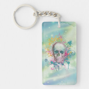 cool skull splatters swirls vintage floral frame key ring