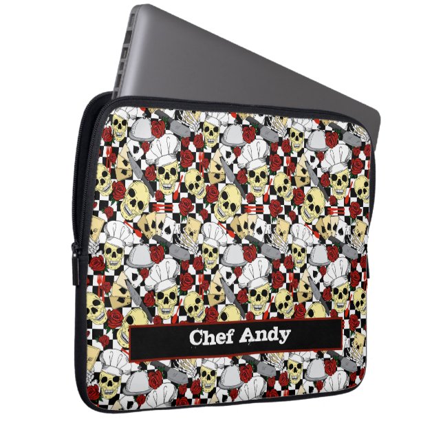 Cool Skulls in Chef Hats with Red Roses Pattern Laptop Sleeve (Front Right)