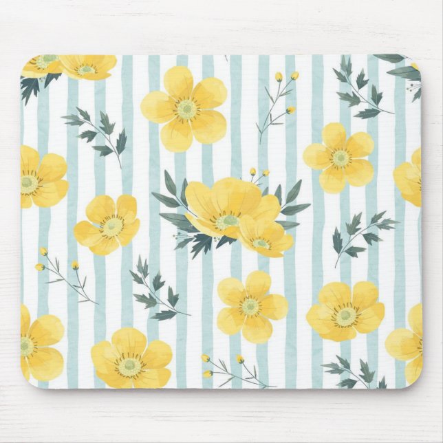 Cool sky blue stripes and a yellow poppy mouse pad (Front)