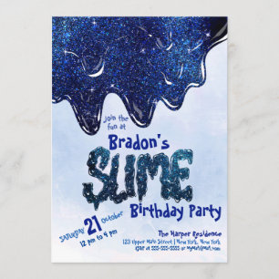 Cool Slate Blue Sparkly Glitter Slime Birthday Invitation