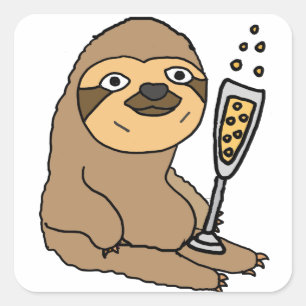 Cool Sloth Drinking Champagne Cartoon Square Sticker