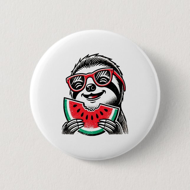 Cool Sloth Eating Watermelon 6 Cm Round Badge (Front)