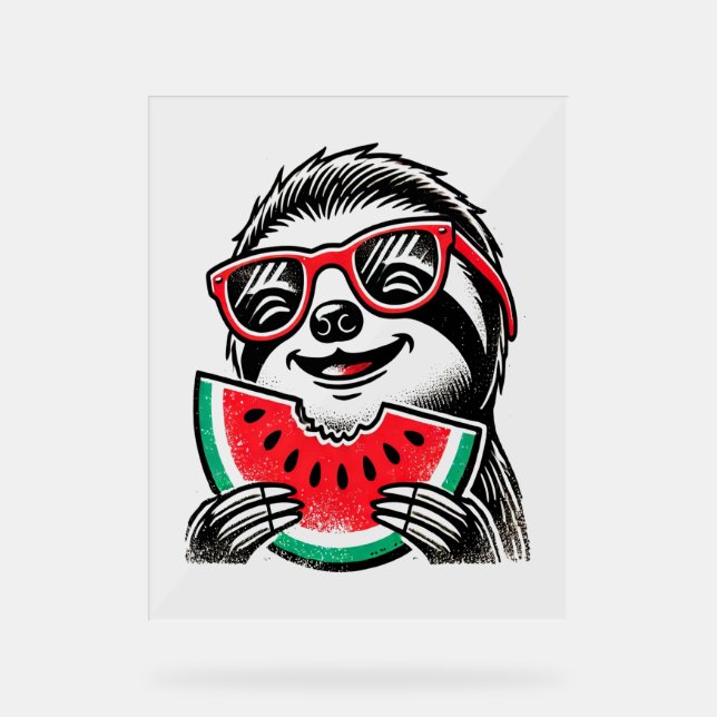 Cool Sloth Eating Watermelon Acrylic Sign (Front)