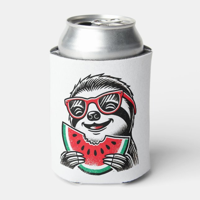 Cool Sloth Eating Watermelon Can Cooler (Can Front)