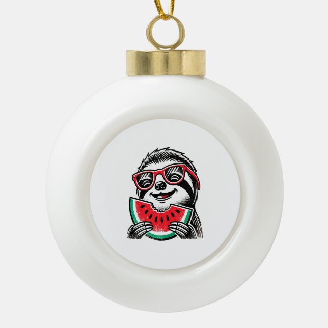 Cool Sloth Eating Watermelon Ceramic Ball Christmas Ornament (Front)