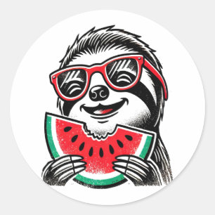Cool Sloth Eating Watermelon Classic Round Sticker