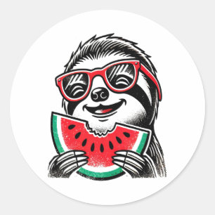 Cool Sloth Eating Watermelon Classic Round Sticker