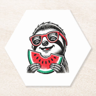 Cool Sloth Eating Watermelon Paper Coaster