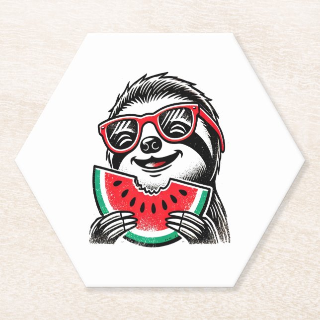 Cool Sloth Eating Watermelon Paper Coaster (Front)