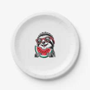 Cool Sloth Eating Watermelon Paper Plate