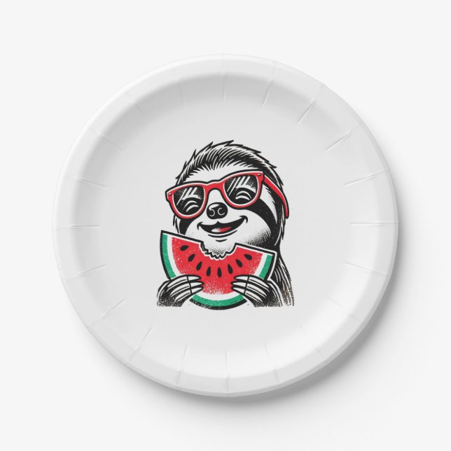 Cool Sloth Eating Watermelon Paper Plate (Front)