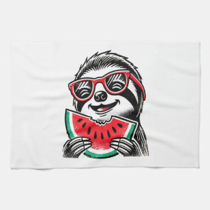 Cool Sloth Eating Watermelon Tea Towel