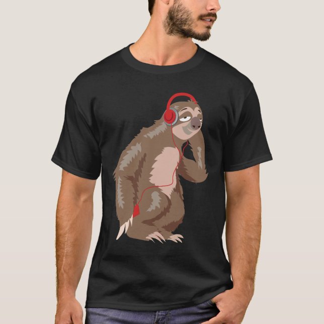 Cool Sloth Music Headphones Funny Animal Earphones T-Shirt (Front)