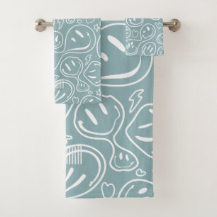 Cool Smiling Face Melting Smile Pattern Dusty Blue Bath Towel Set