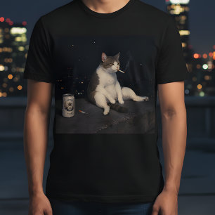 Cool Smoking Cat with Beer Can Night City View  T-Shirt