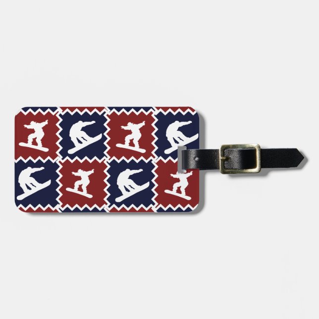 Cool Snowboarding Red Blue Square Pattern Luggage Tag (Front Horizontal)