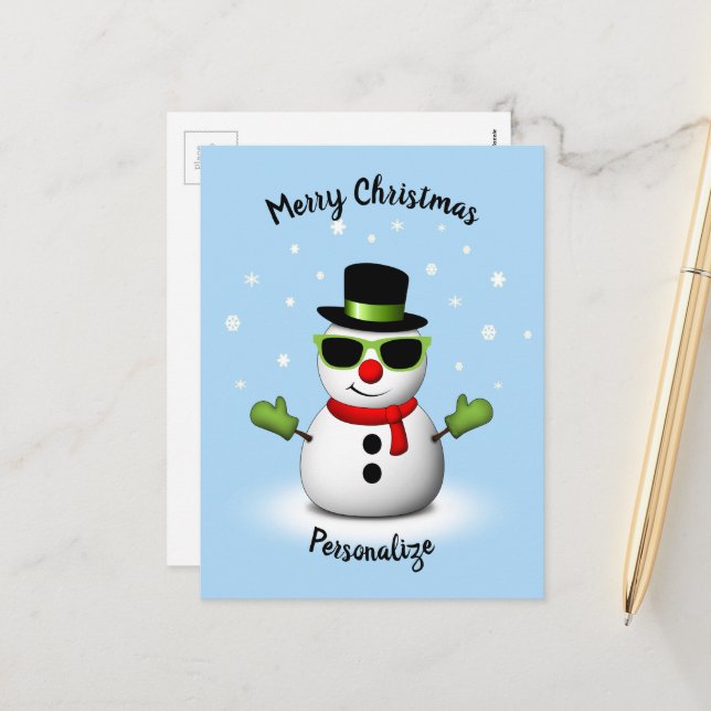 Cool Snowman Adorable Smirk Christmas Personalise Holiday Postcard (Front/Back In Situ)