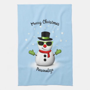 Cool Snowman Adorable Smirk Christmas Personalise Tea Towel
