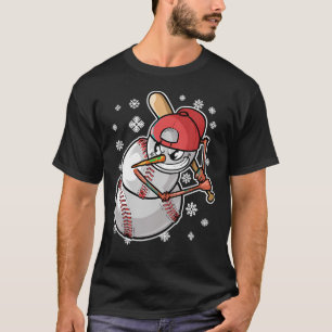 Cool Snowman Baseball Player Baseball Bat Christma T-Shirt