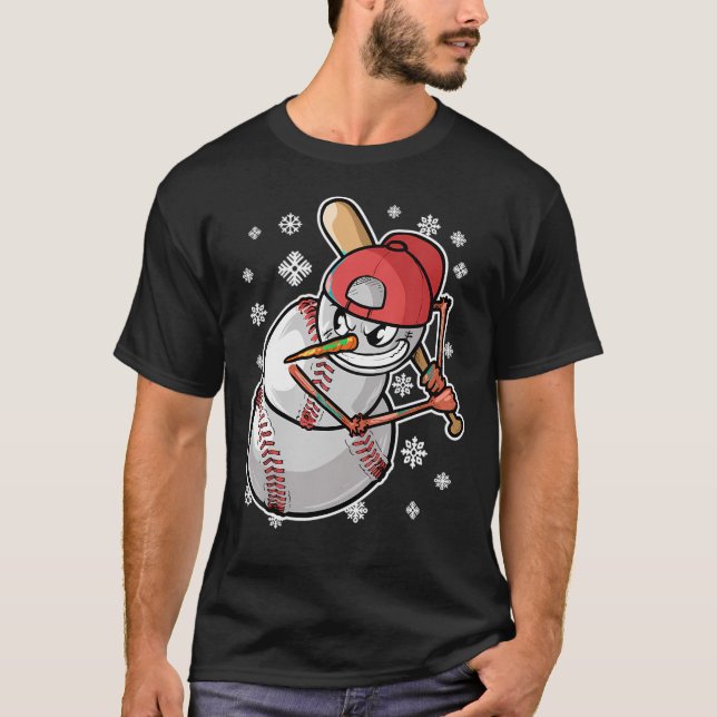 Cool Snowman Baseball Player Baseball Bat Christma T-Shirt (Front)