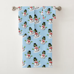 Cool Snowman Christmas Winter blue pattern Bath Towel Set